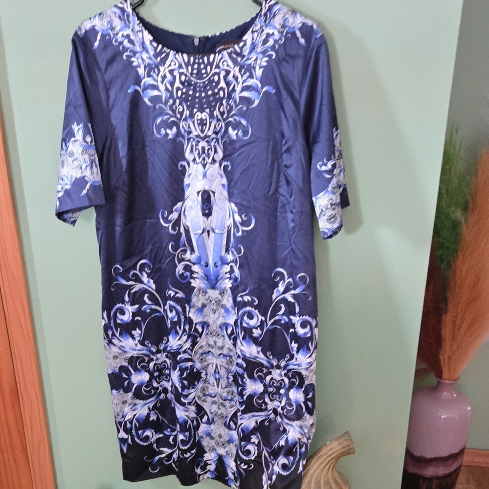 Dana Buchman Navy and White Satin Floral Dress